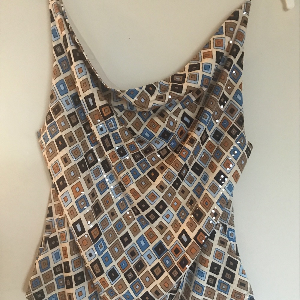 NWT✴️Tan/Blue Multi Color Sequin Tank Top with dark brown cord straps. Medium